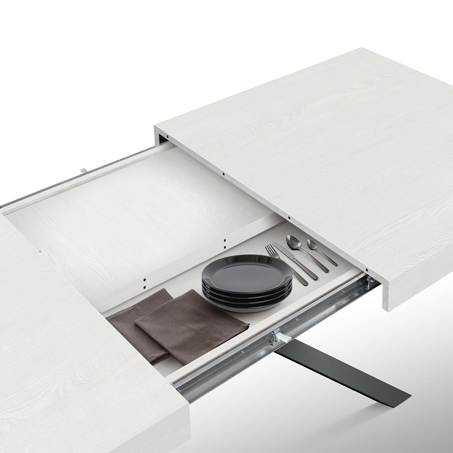 Tavolo CAMAIORE in legno, finitura bianco frassinato e base a X in metallo antracite, allungabile 180×90 cm – 260×90 cm