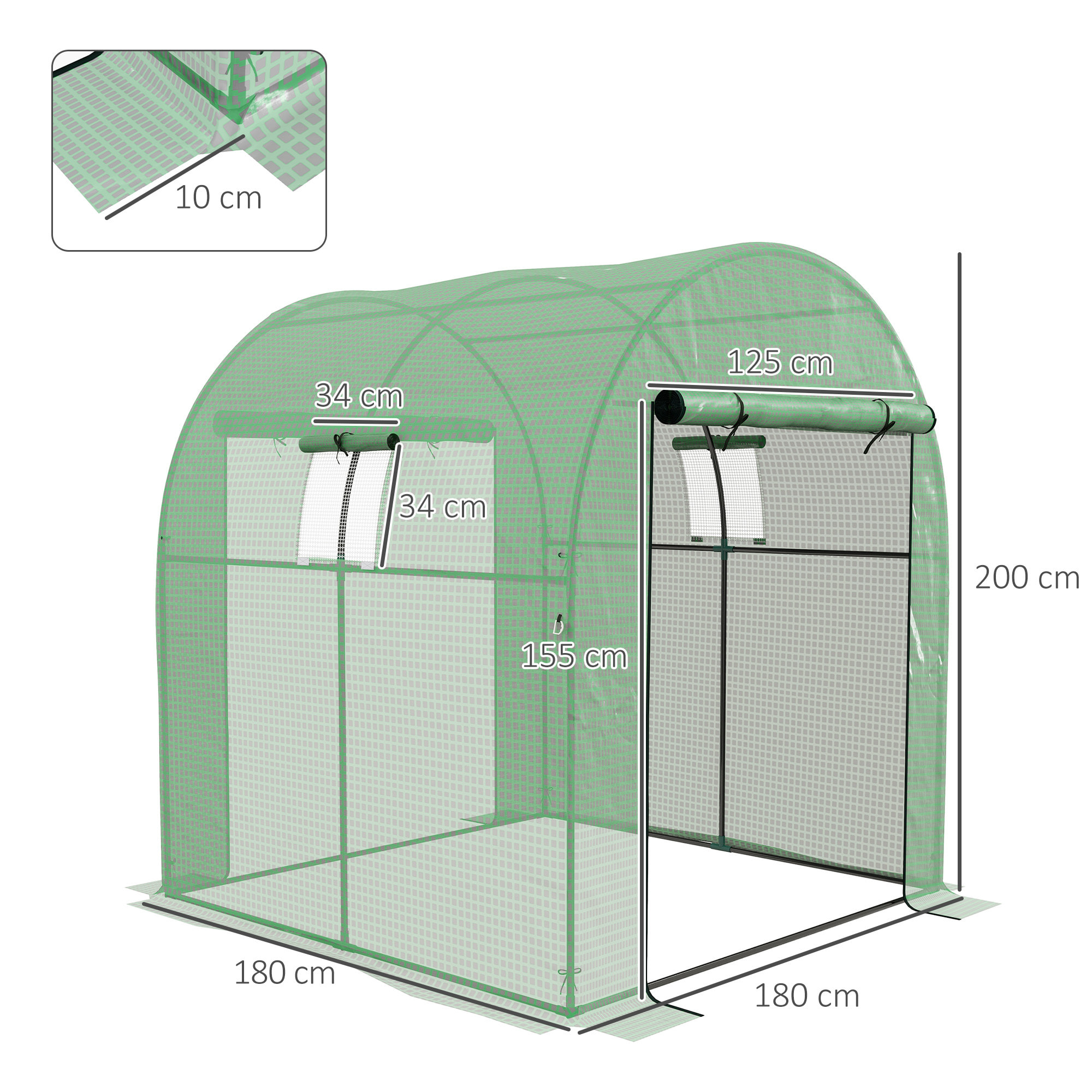 Invernadero de Exterior, Invernadero de Túnel con 2 Puertas Enrollables, 2 Ventanas de Malla, Cubierta PE 135g/m², Anti-UV, Marco de Acero, para Cultivos, Plantas, 180x180x200 cm, Verde
