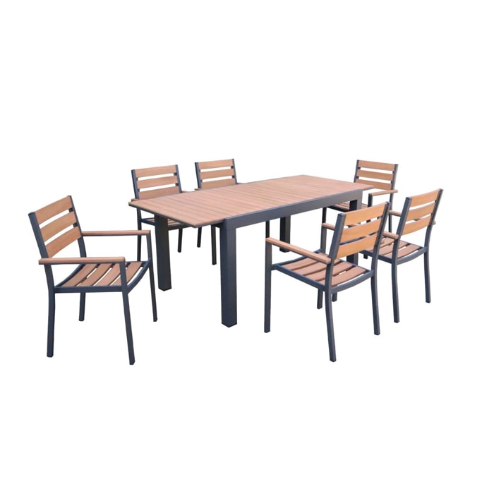 Set complet tables de jardin extensible papillon 150/195cm anthracite + 6 fauteuils empilables. bois d'eucalyptus et structure aluminium