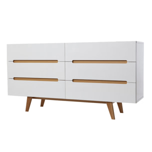 Commode scandinave finition blanc brillant laqué 6 tiroirs L160 cm MELKA