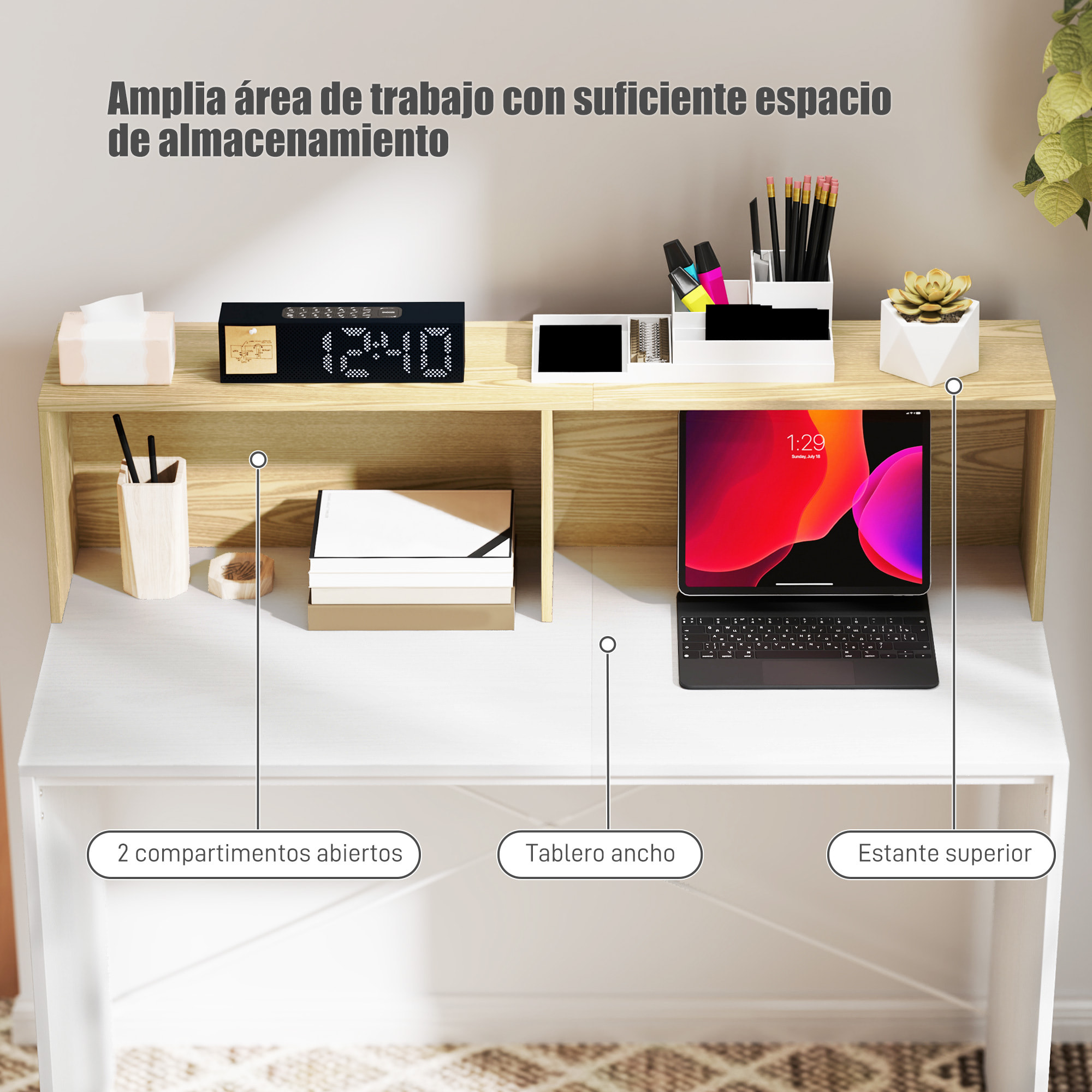 Escritorio, 110x50x102,6 cm, Mesa de Escritorio, Mesa de Ordenador con 2 Compartimentos Abiertos y Estante, Fácil de Montar, para Casa, Oficina, Dormitorio, Estudio, Blanco y Madera Natural