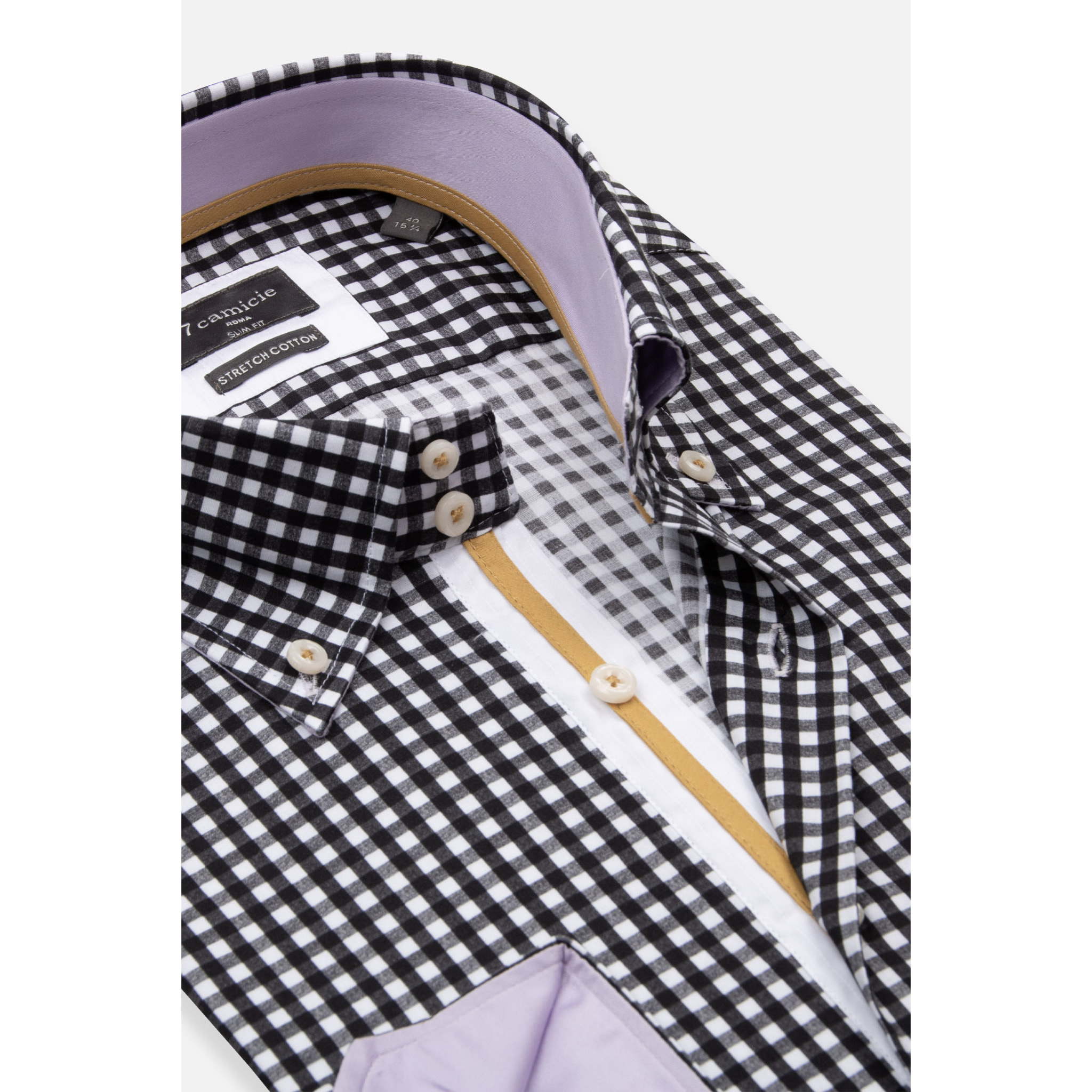 Camicia Uomo 2 Bottoni Button Down Slim Popeline Stretch Nero/Bianco