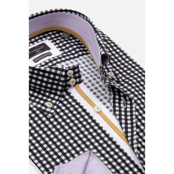 Camicia Uomo 2 Bottoni Button Down Slim Popeline Stretch Nero/Bianco
