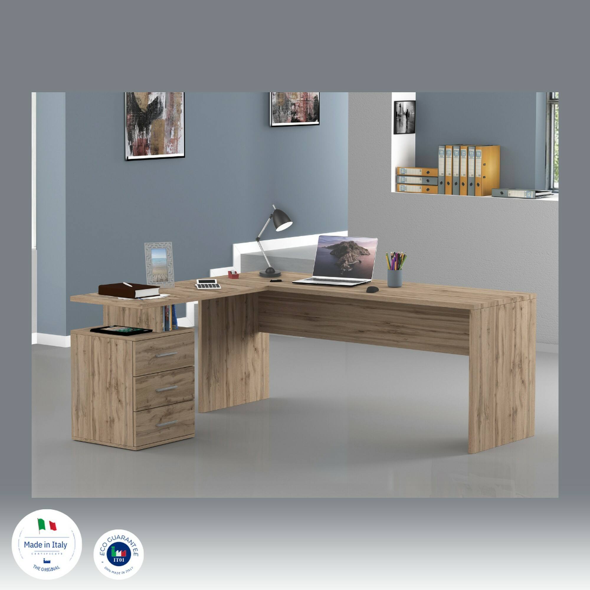 Scrivania Mark, Scrittoio angolare porta PC, Tavolo multiuso per ufficio, Scrivania salvaspazio multiposizione, 100% Made in Italy, cm 160x60h75, Rovere