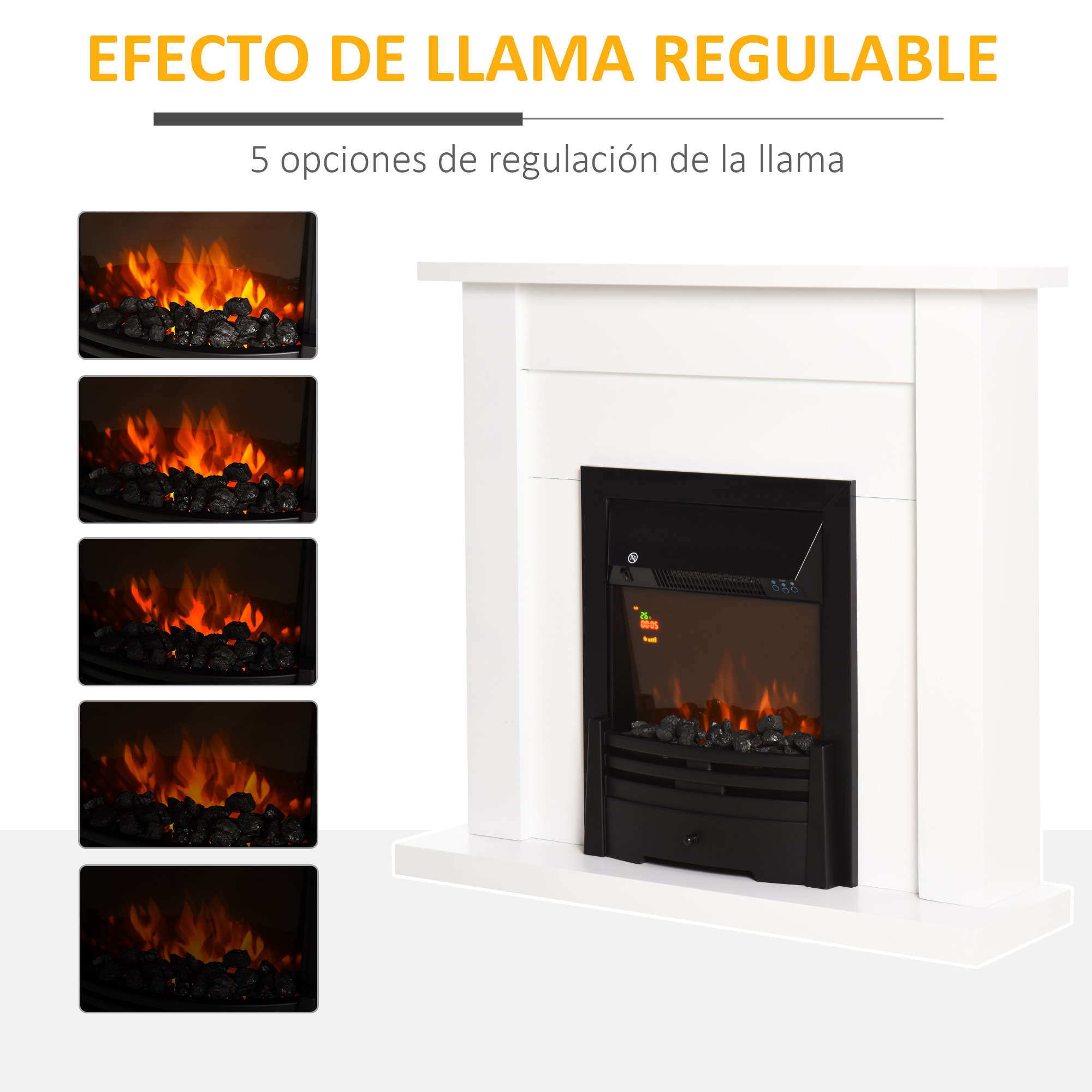 Chimenea Eléctrica con Temporizador Termostato Luz de 5 Niveles 102x30x95 Blanco