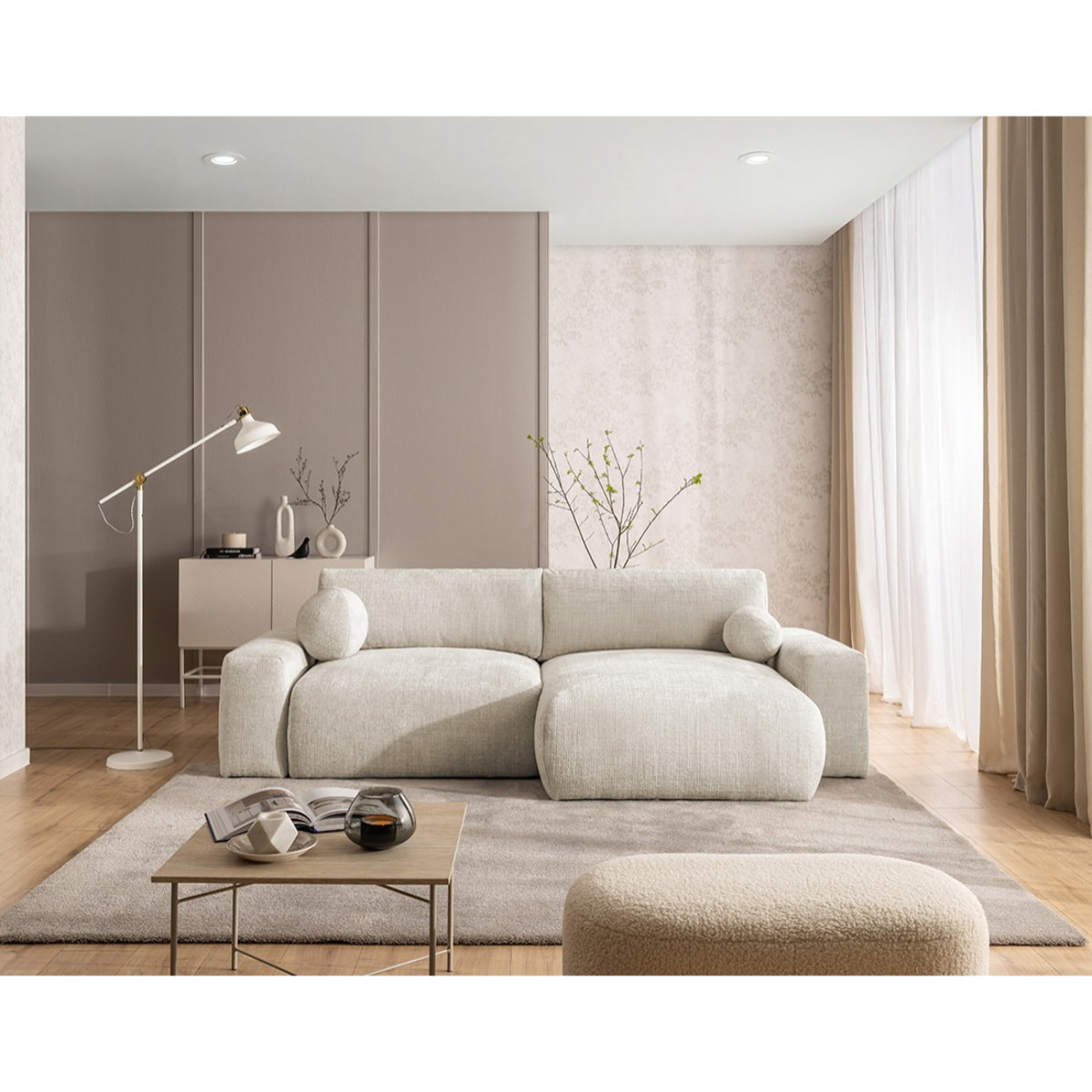 Constance - Canapé d'angle réversible 4 places convertible avec coffre en velours texturé - Beige