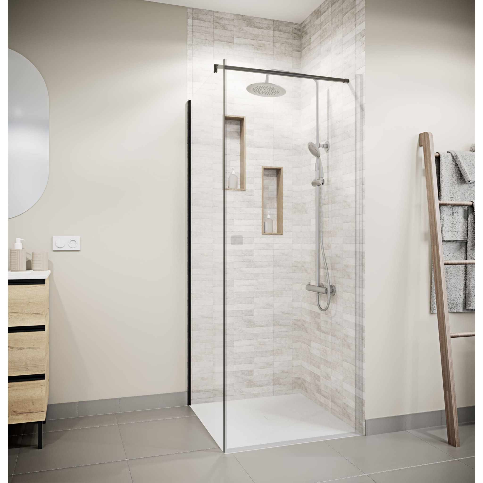 Paroi de retour 80x180 cm pour Porte de Douche - Verre Trempe 5mm - Finition Noire - DARK ELEMENTARY