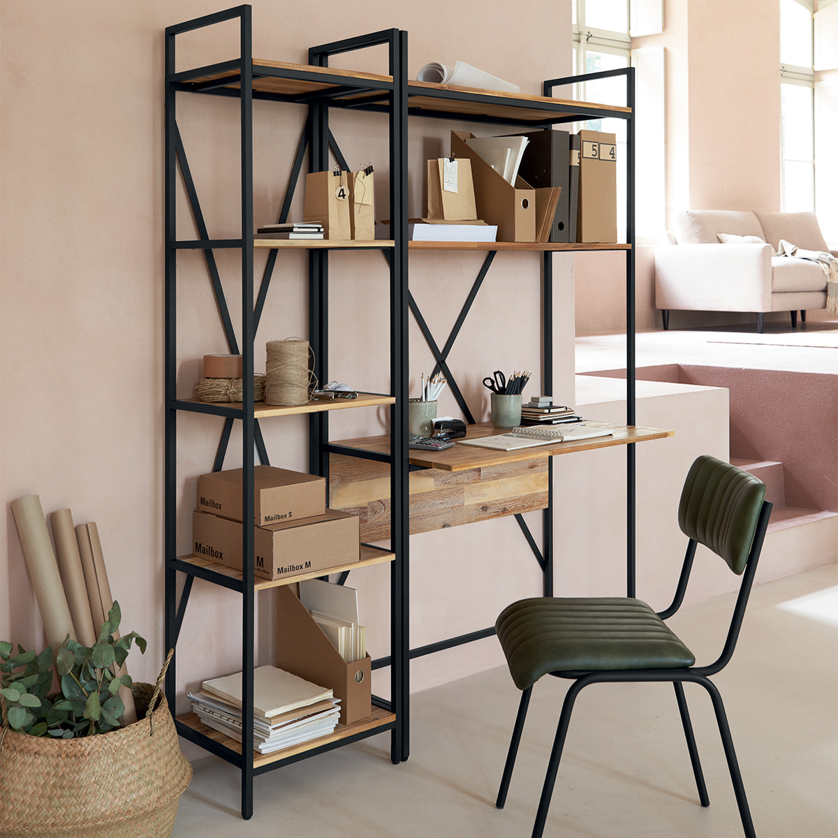 Bibliothèque "Edena" - métal & acacia 45x180 cm