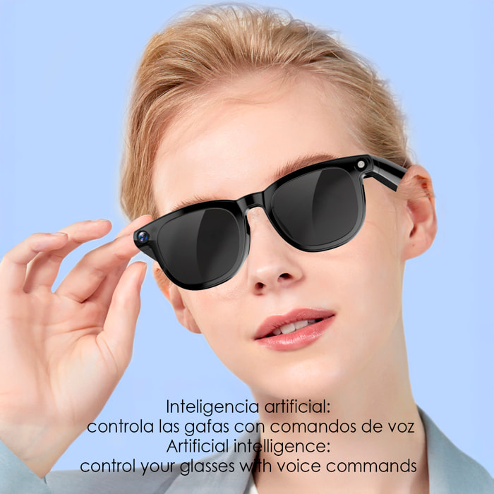 Gafas inteligentes CY01. Con cámara para fotos y videos de 8 MPX, traductor AI en tiempo real y control de música/llamadas. 16GB de memoria, lentes solares y transparentes.