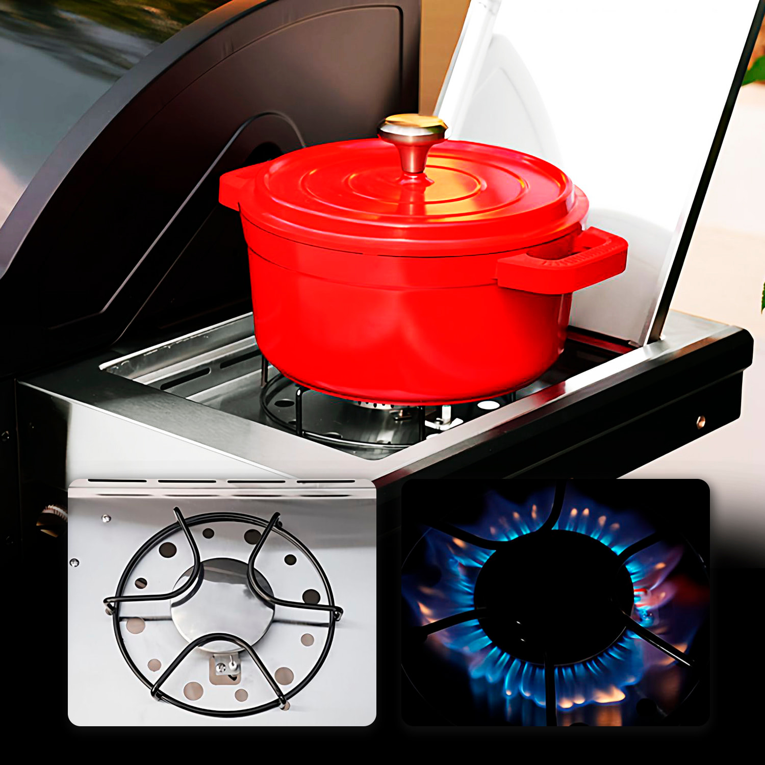 Barbecue a gas per esterni con potenza di 14,5 kW, compatibile con butano e propano, 4 bruciatori principali più 1 laterale.