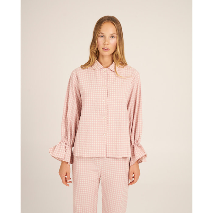 Camiseta de pijama de mujer abotonada de cuadros vichy