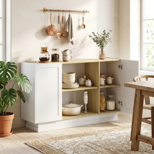 Aparador, Armario de Cocina Moderno con 2 Estantes Abiertos y 2 Puertas de Cierre Suave, Mueble de TV para 60 Pulgadas, Aparador para Salón, Comedor, 133x35x79,7 cm, Madera Natural y Blanco
