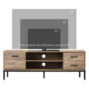 Meuble TV banc TV design industriel - porte, 2 tiroirs, 2 niches - piètement acier noir - aspect bois de manguier