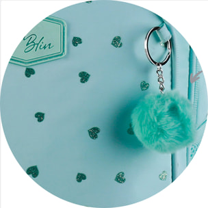 Trolley Fijo Compacto Doble Cuerpo Gran Capacidad Blin-Blin Corazones Menta. CON ACCESORIO POM-POM.