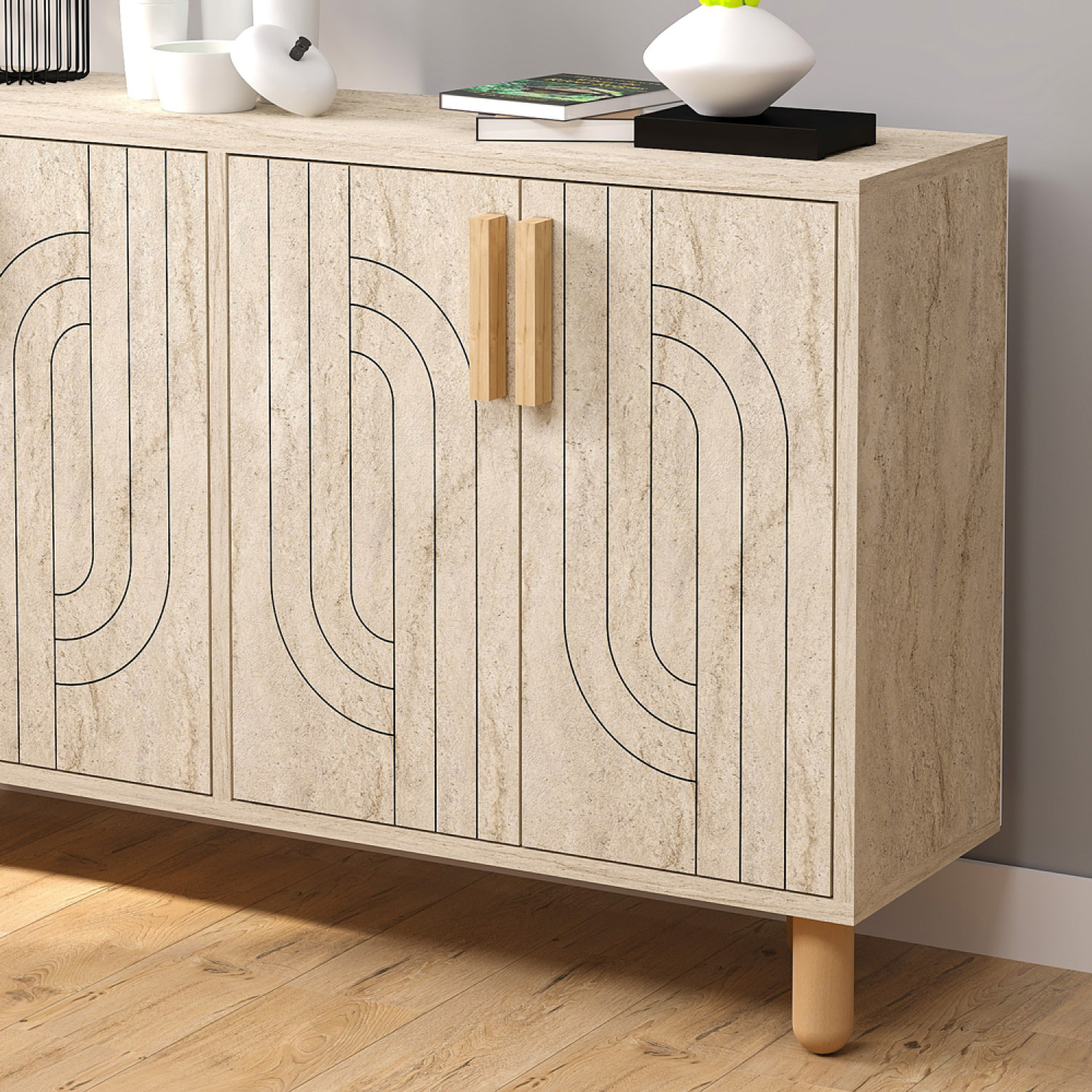 EMILE Buffet à 4 portes effet travertin nervuré 120x73cm