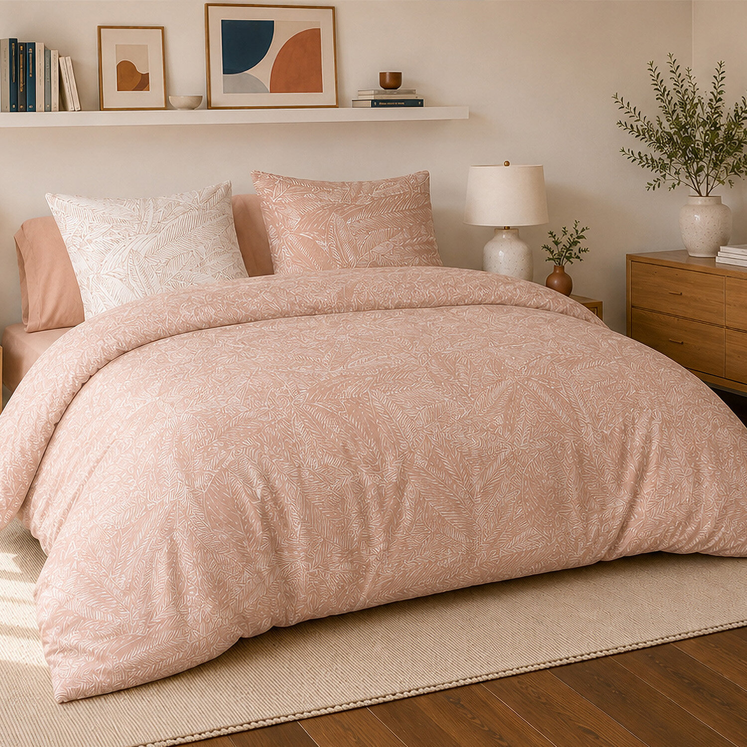 Parure housse de couette 100% percale de coton motif feuilles tropical rose - AMBRE