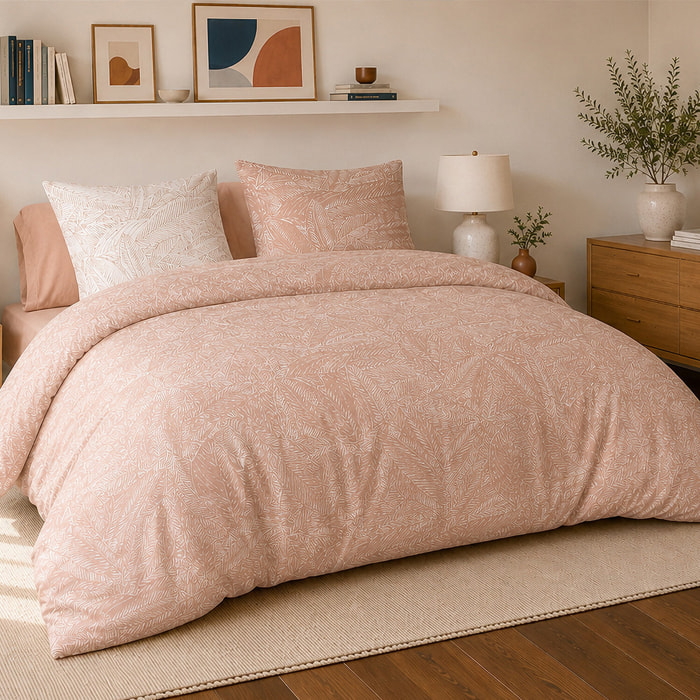 Parure housse de couette 100% percale de coton motif feuilles tropical rose - AMBRE
