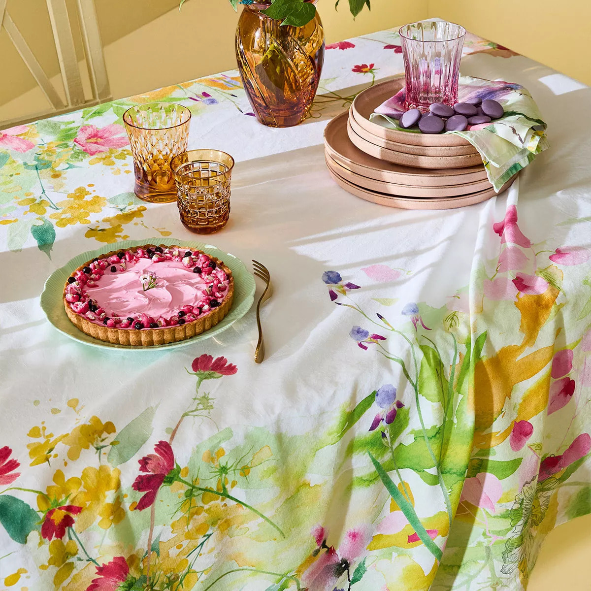 Chemin de table lin & coton lavé 150 g/m² imprimé rose jaune vert Souffle fleuri printemps