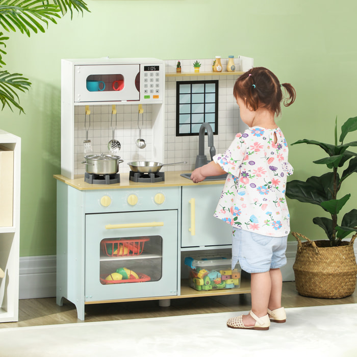 Cocina de Juguete para Niños +3 Años Cocina de Madera Infantil Cocinita Infantil con Sonido Fogón Horno Grifo Fregadero Microondas y Accesorios de Cocina Azul