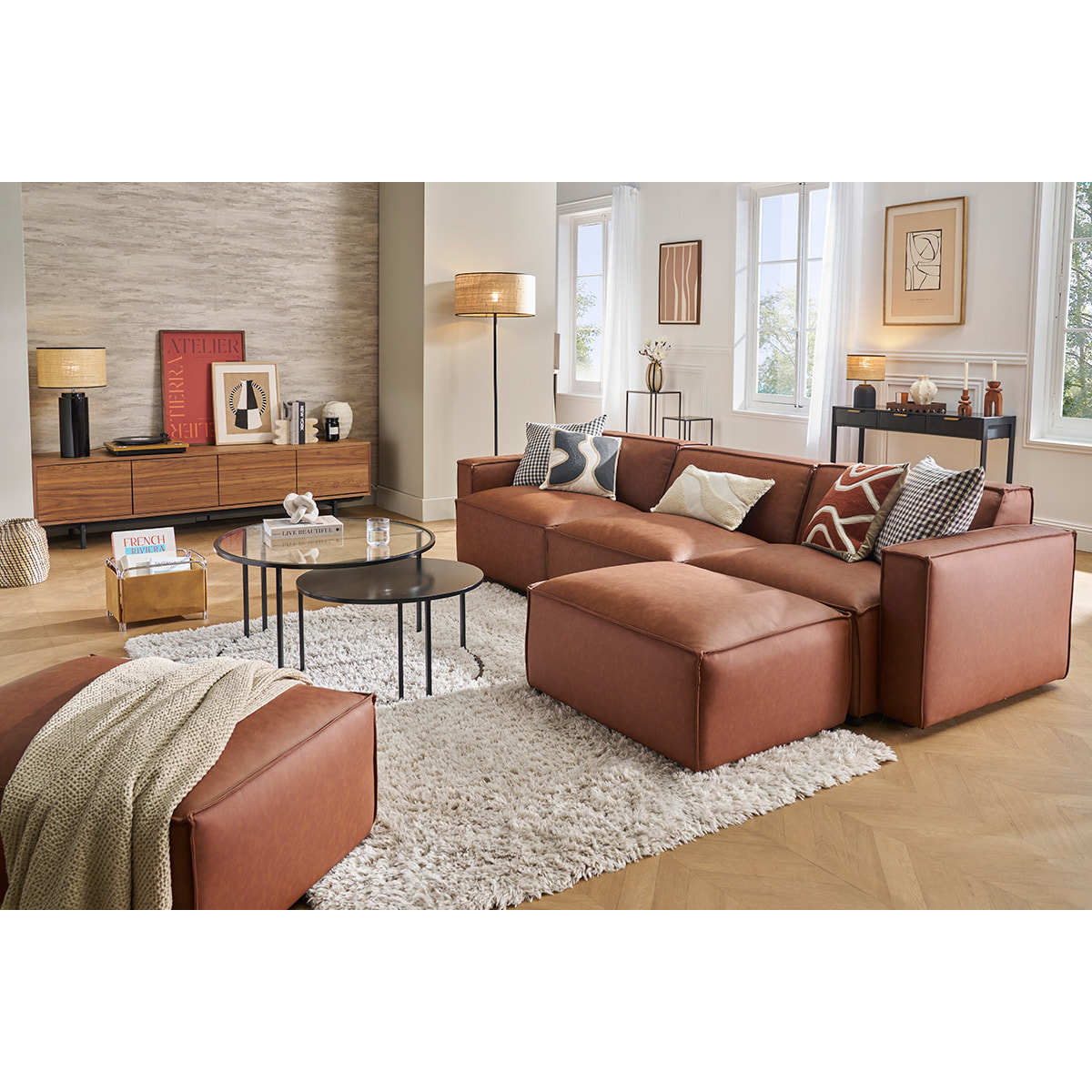 Pouf repose pieds en tissu chenille beige SPLIT