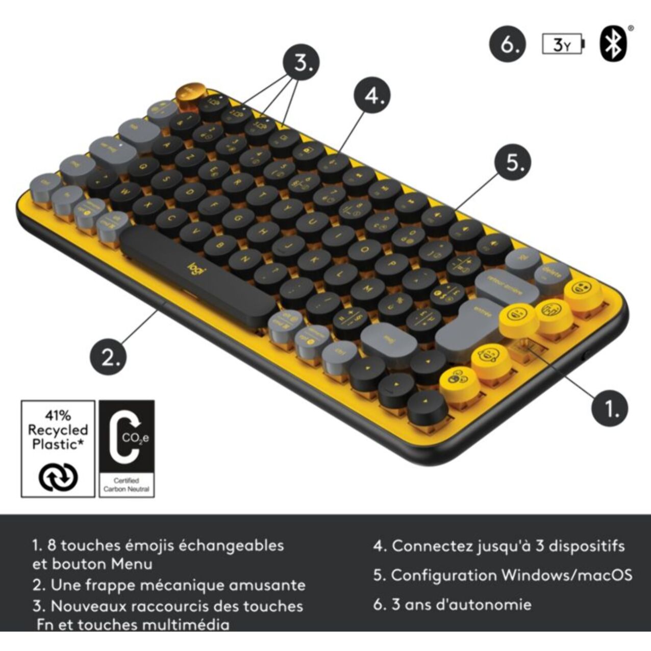 Clavier sans fil LOGITECH POP Keys Multidispositif-Blast jaune