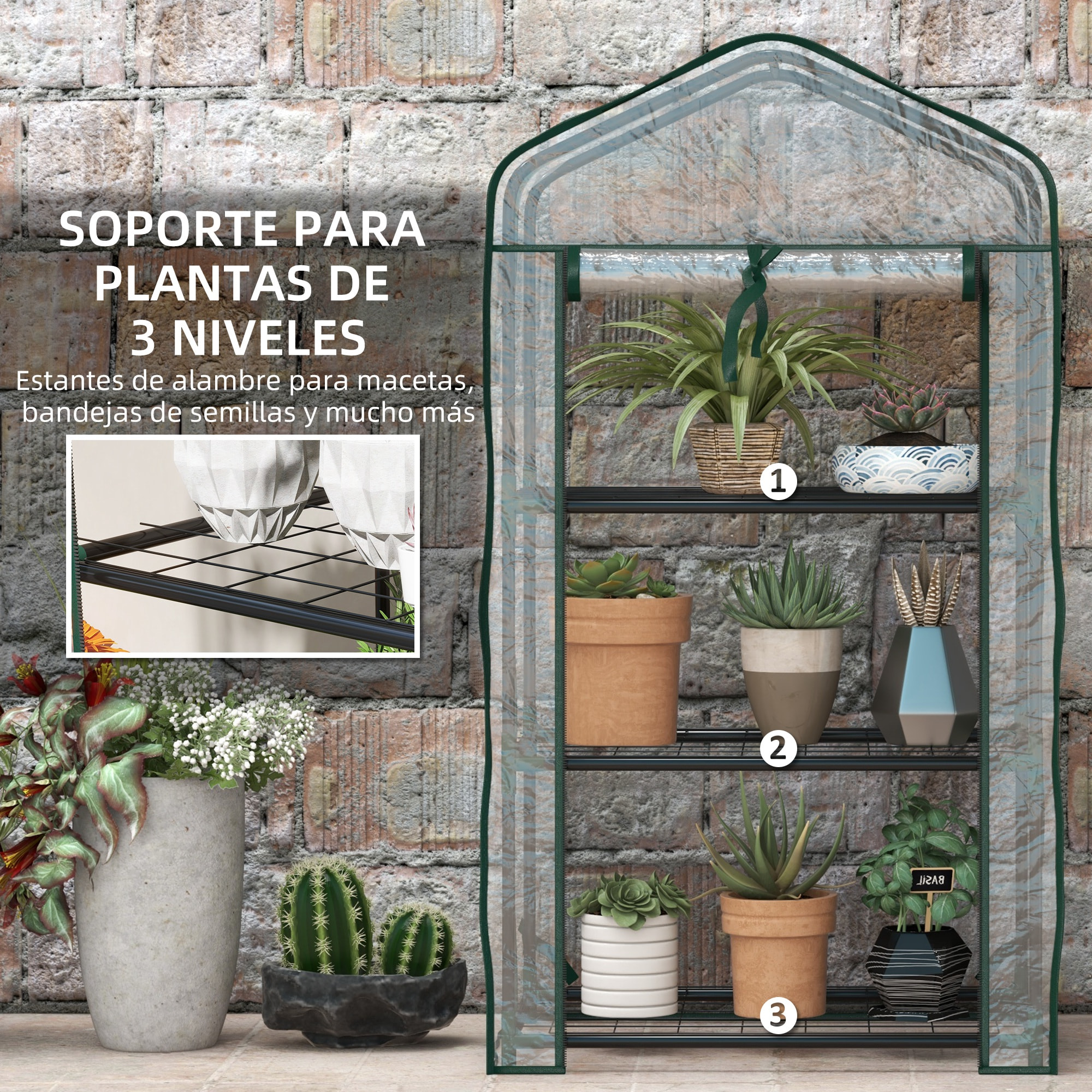 Invernadero de Jardín de 3 Niveles Invernadero de Terraza con 3 Estantes 1 Puerta con Cremallera para Cultivo de Plantas Flores Verduras 59x39x127 cm Transparente