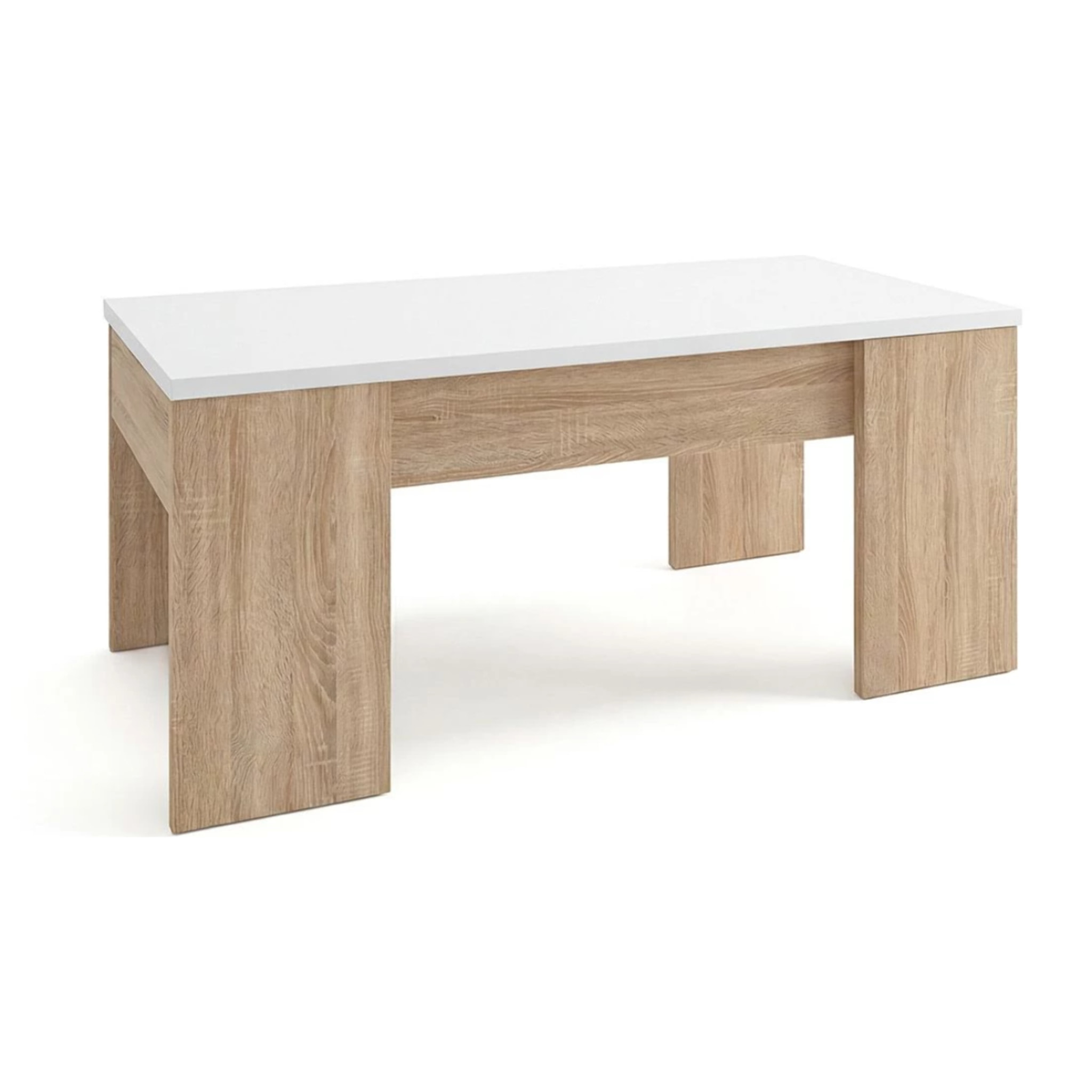 Mesa de centro elevable con almacenaje en roble canadian y blanco artik 100x45-56 cm Vita Roble Canadian - Blanco Artik (Blanco Mate)