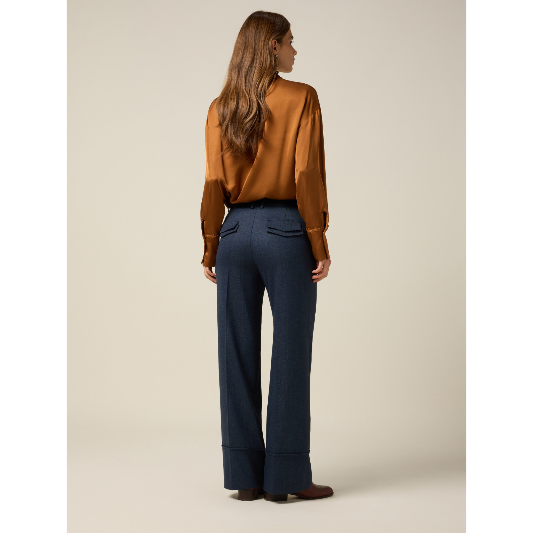 Oltre - Pantalones wide leg flare con dobladillo - Azul