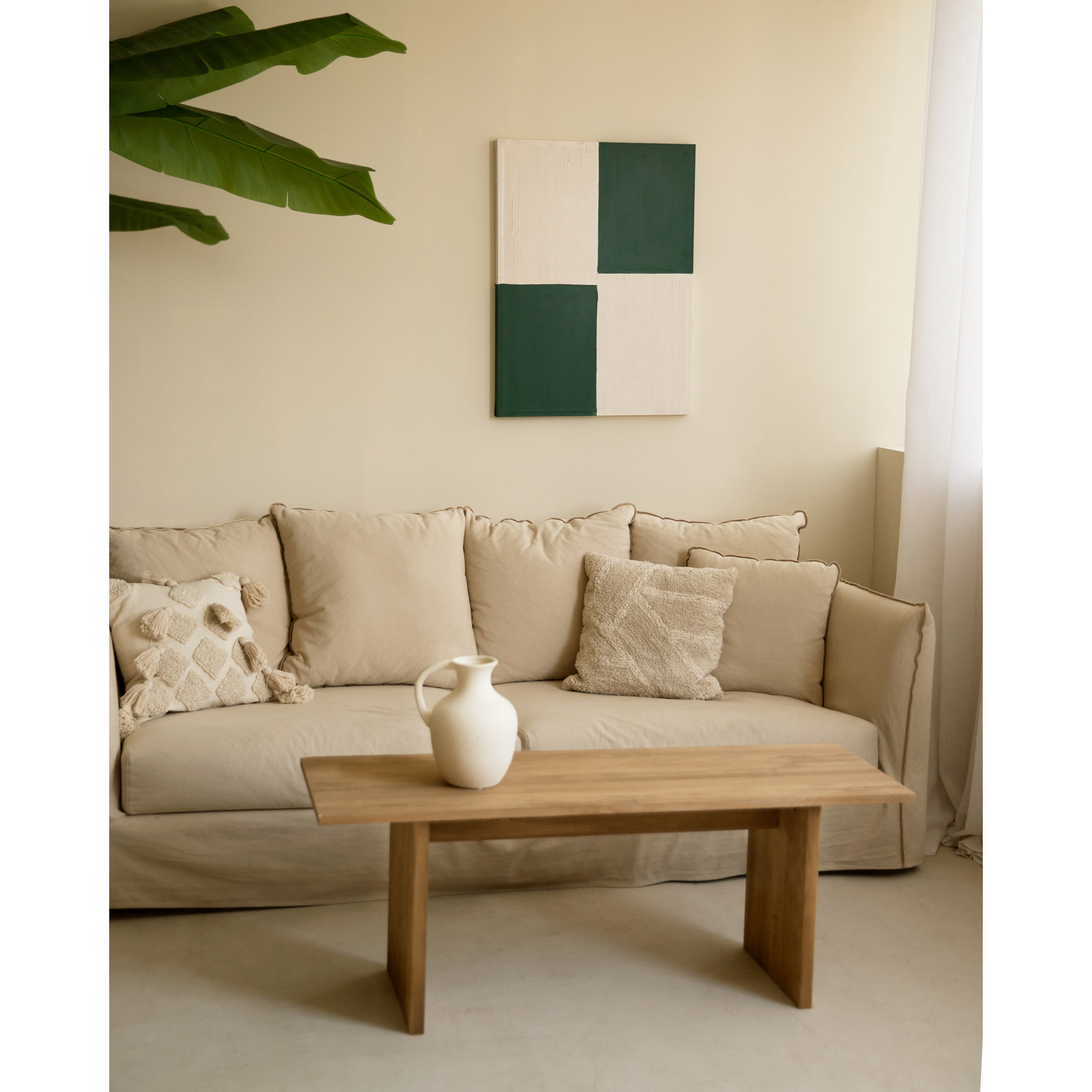 Tableau vert et blanc décoratif sur coton avec cadre en bois peint à la main à la peinture à l'huile en différentes tailles