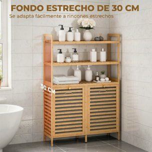 Mueble Ropa Sucia de Bambú, 2 en 1, Mueble de Baño con 2 Cestos para Ropa Sucia Inclinables 38,7 L y 3 Estantes, para Cocina, Salón, 80x30x118 cm, Roble