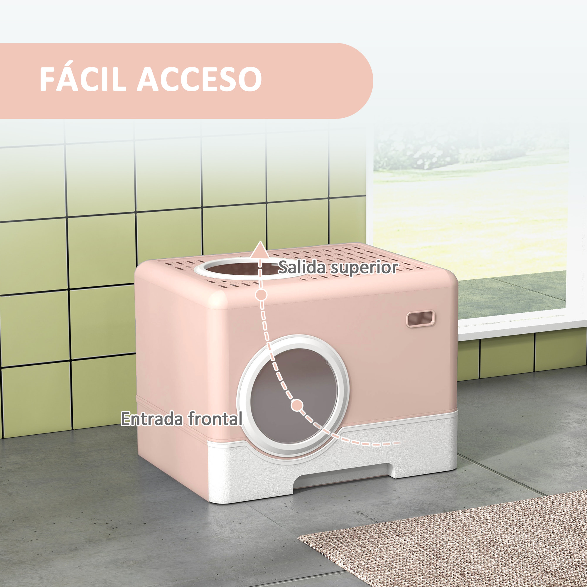 Arenero para Gatos Inodoro para Mascotas con Pala Bandeja Extraíble 2 Puertas Entrada Principal y Salida Superior 52x41x38,5 cm Rosa