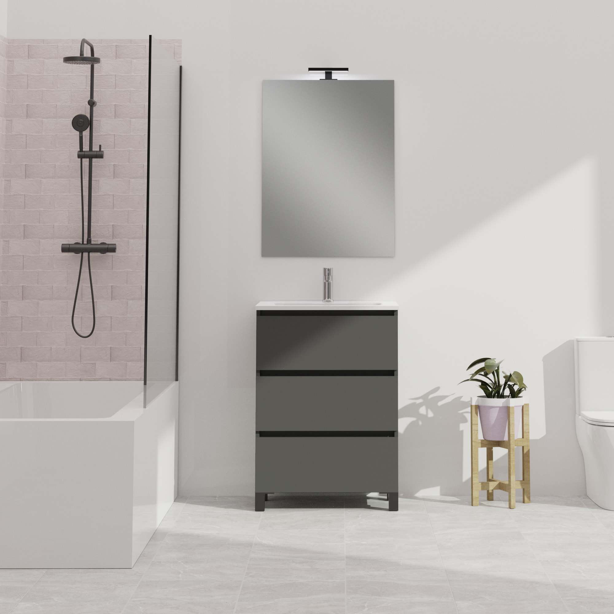 Conjunto de baño Wink | 60 cm Gris Mate | Tres cajones | Lavabo encastrado | No incluye espejo | Mueble montado | Alday