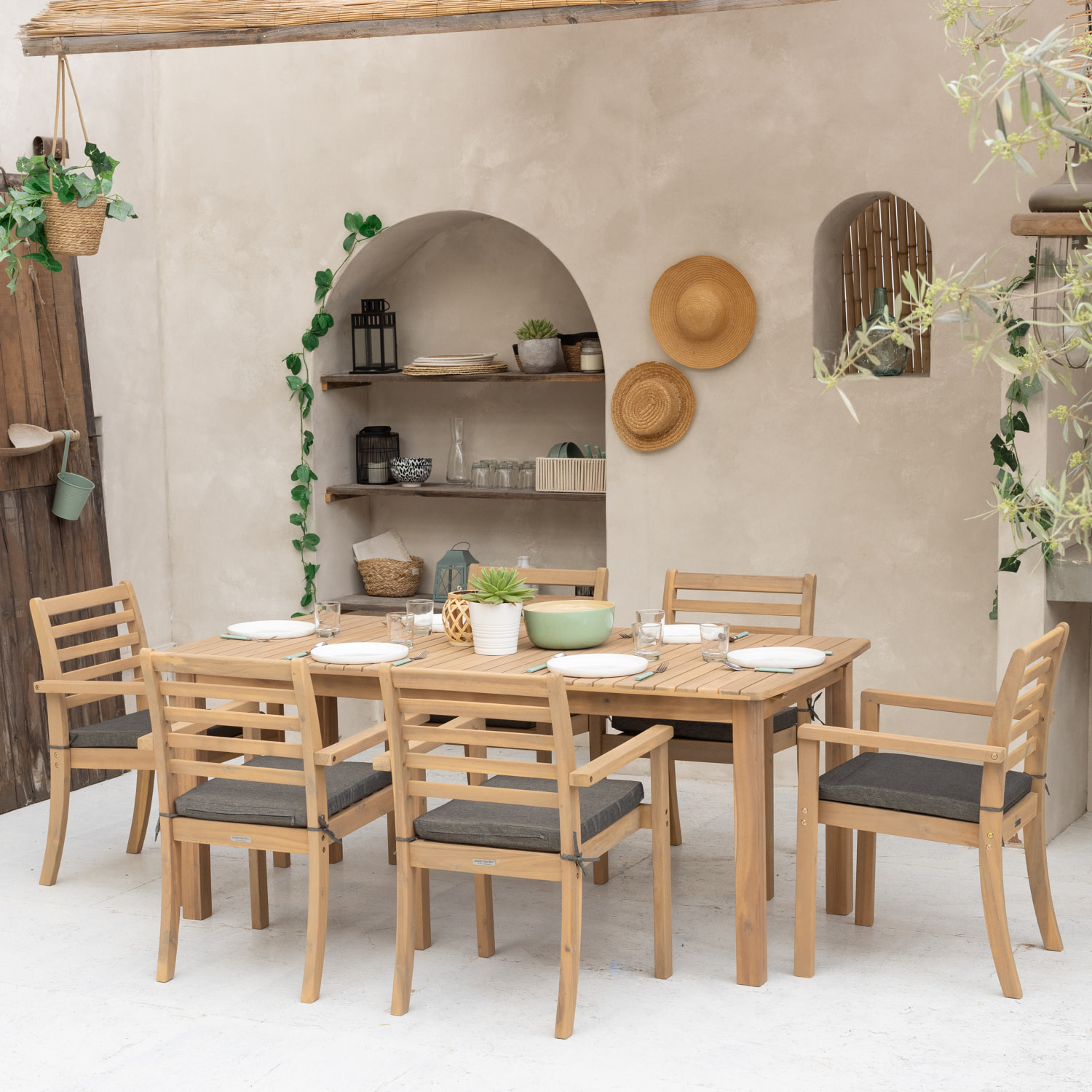 Salon de jardin extensible 180/240cm PADAR en acacia 8 places - coussins gris