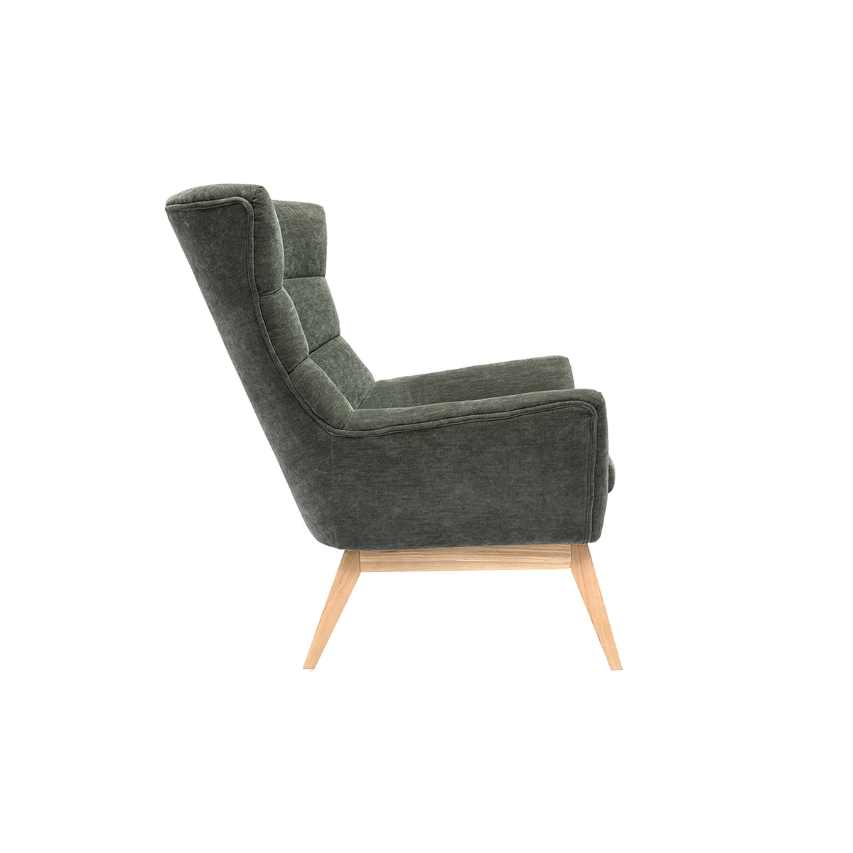 Fauteuil scandinave en tissu effet velours vert kaki et bois clair BRODY