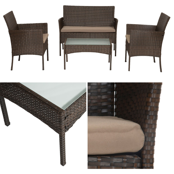 Salon de jardin CORDOUE en résine tressée marron 4 places - coussins taupe