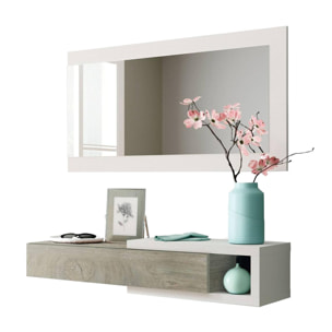 Mobile da ingresso Mcallen, Entratina reversibile con specchio, Mobile per atrio con cassetto, Svuotatasche per appartamenti, cm 95x26h69, Bianco e Rovere