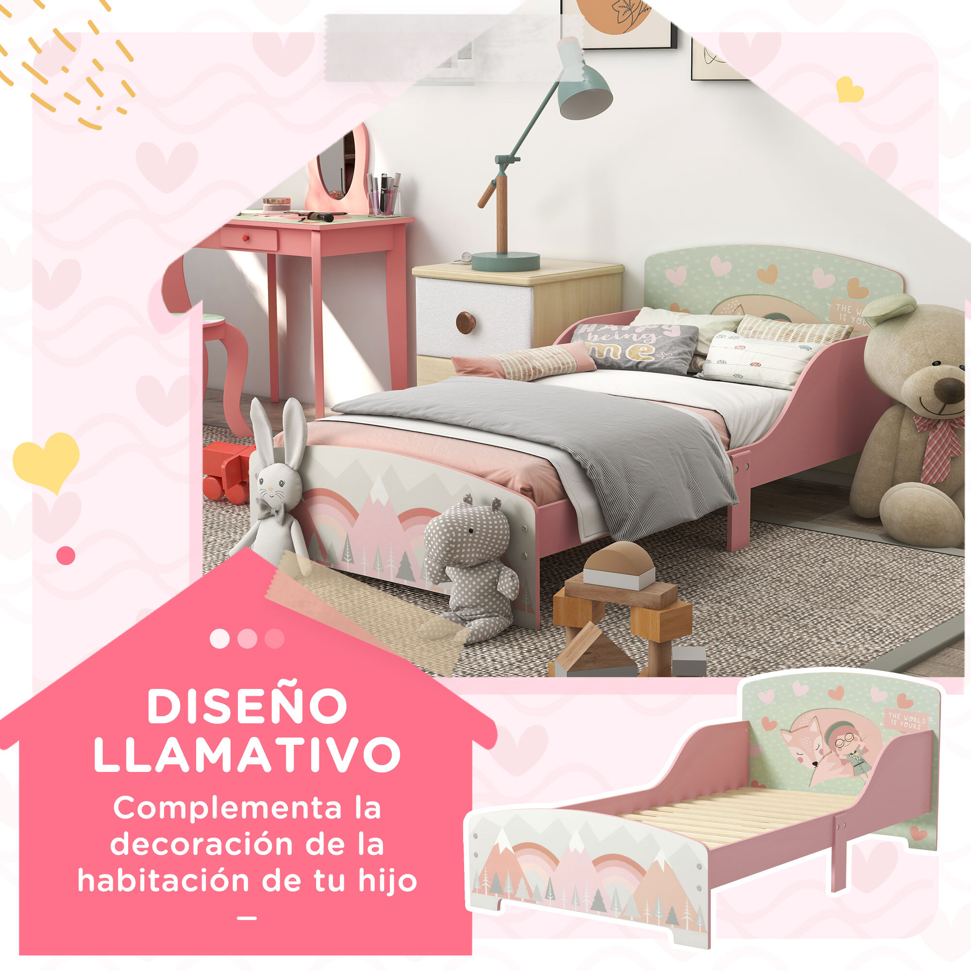 Cama Infantil de Madera 143x77x60 cm Cama para Niños de 3-6 Años con Barreras de Protección y Estampados Carga Máx. 40 kg Mueble de Dormitorio Moderno Rosa