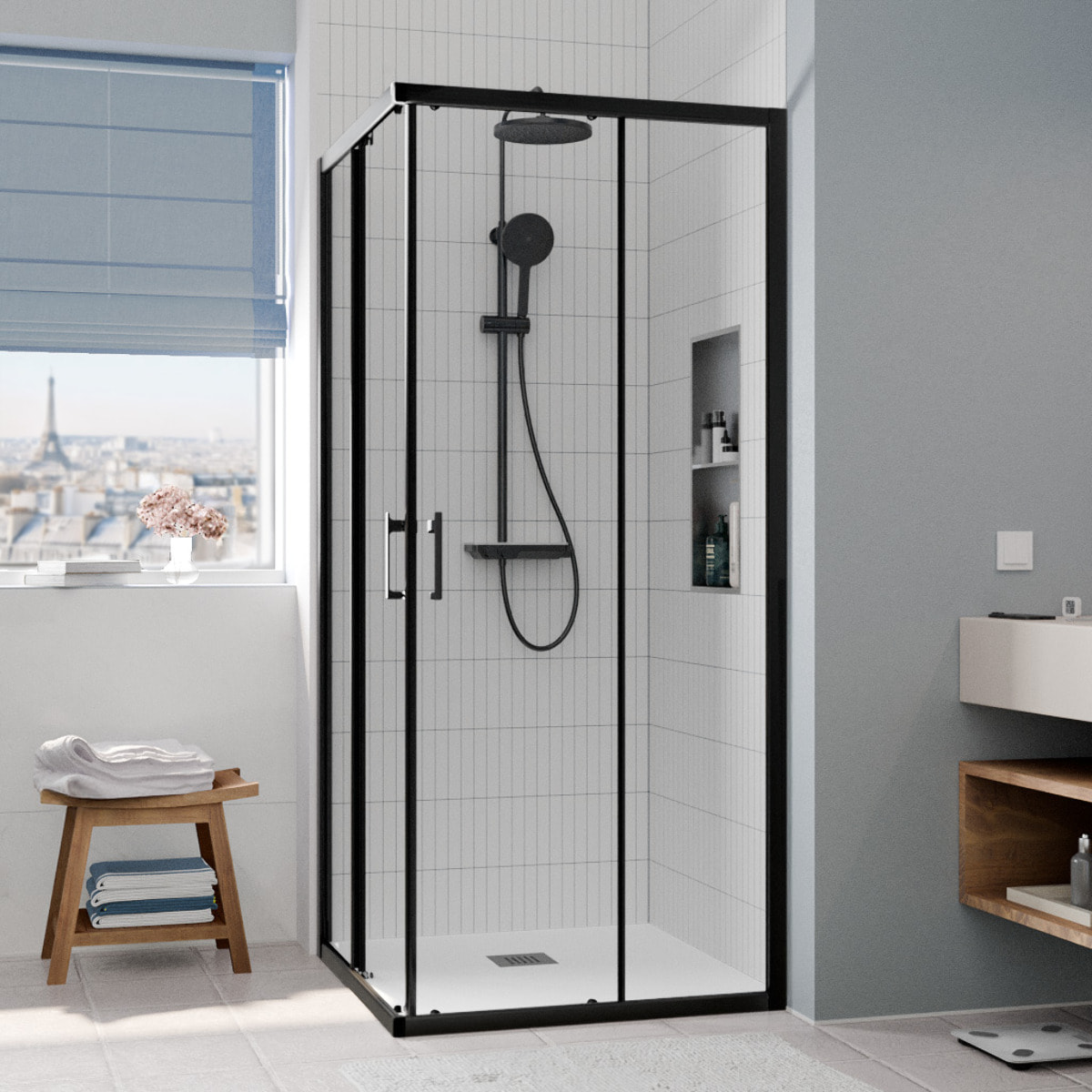 Porte coulissante 90x90 + receveur blanc avec siphon (HCB-ALD15B-9090)