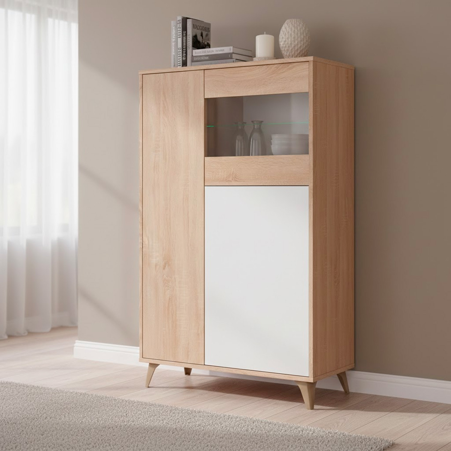 Credenza Con Vetrina Moderna Mobile contenitore Con Ripiani Interni In Truciolare Melaminico Ideale Per Soggiorno 77 x 33 x 142 Cm Bianco E Rovere