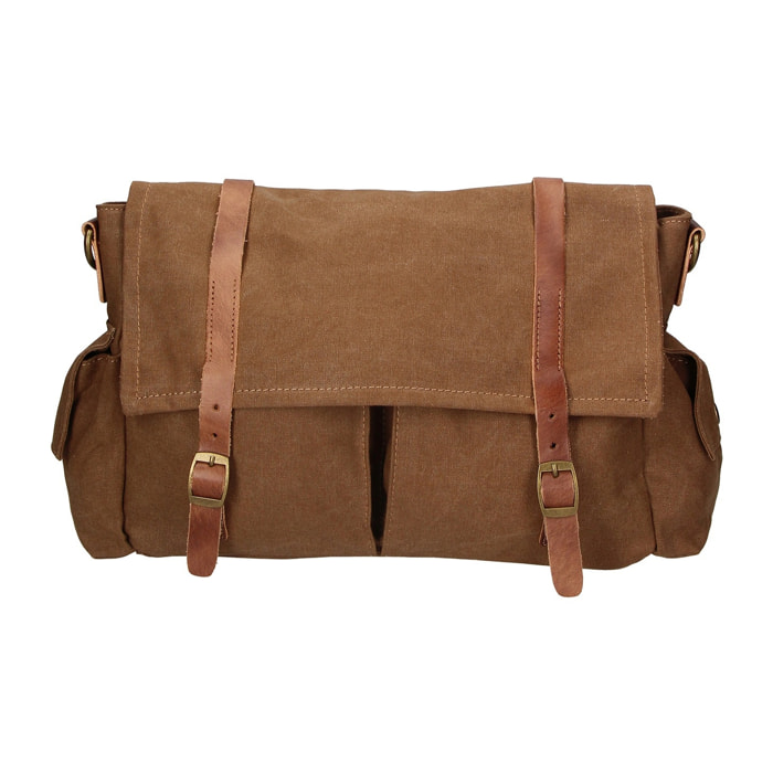 Borsa a spalla unisex - Modello Mina - Canvas e vera pelle - 24.0 x 34.0 x 10.0 cm