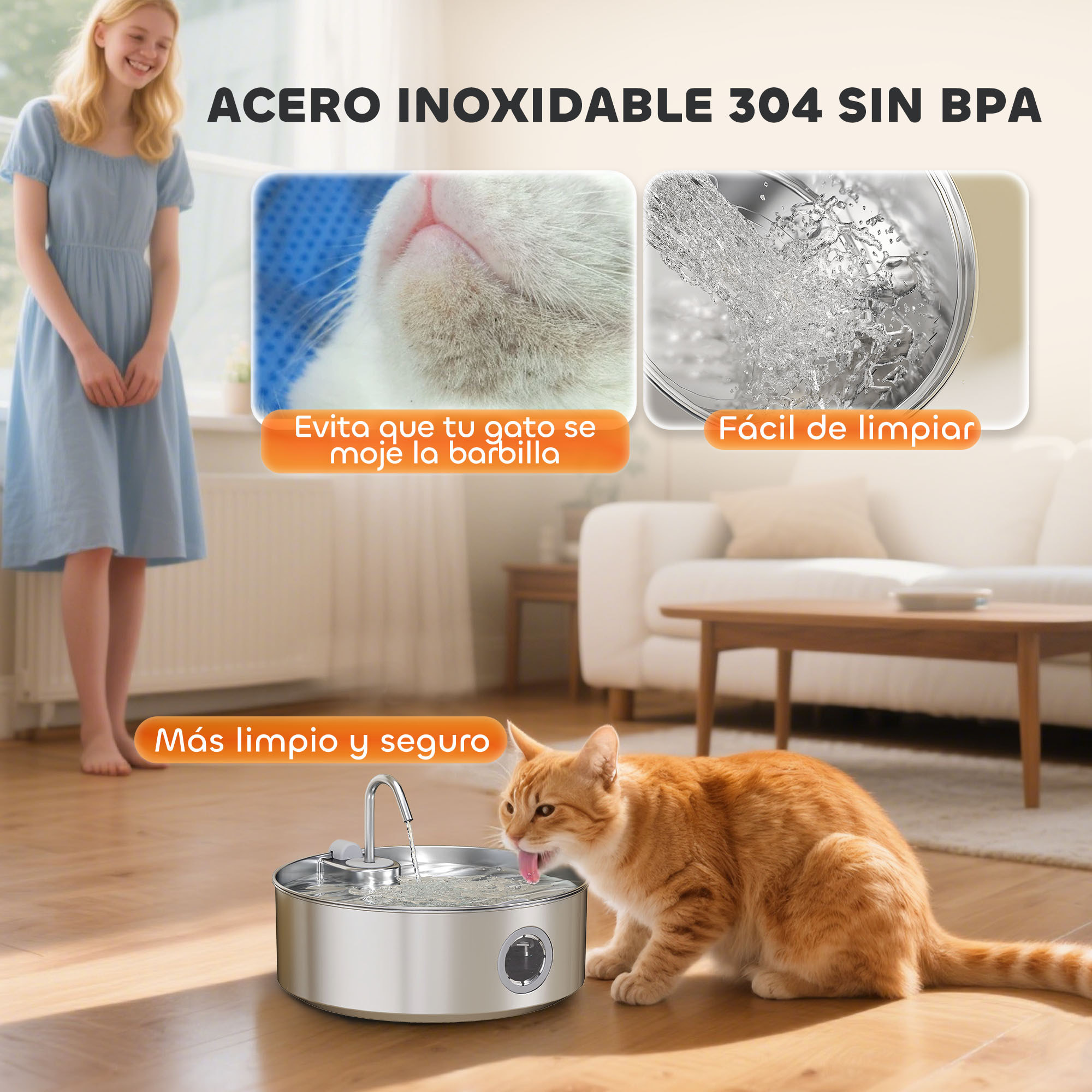 Fuente para Gatos de Acero Inoxidable 7L Bebedero Gatos Grande Silencioso Fuente de Agua para Mascotas Automático con Sistema de Filtros Luz LED y Bomba Súper Silenciosa