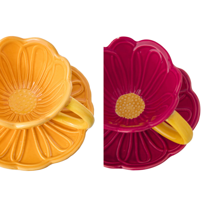 J-Line Tasse à Thé + Sous-tasse Fleur - porcelaine - rouge foncé/jaune chaud - 2 pièces