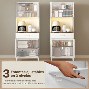 Alacena de Cocina con Luces LED y Estación de Carga, Control por APP, Mueble Auxiliar de Cocina con 4 Puertas, Cajón, Encimera Abierta para Microondas, Estantes Ajustables, 71x40x180 cm, Blanco