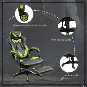 Vinsetto Fauteuil de bureau gamer style baquet racing - pivotant, inclinable - coussin lombaire, tétière, repose-pieds inclus - revêtement synthétique vert noir