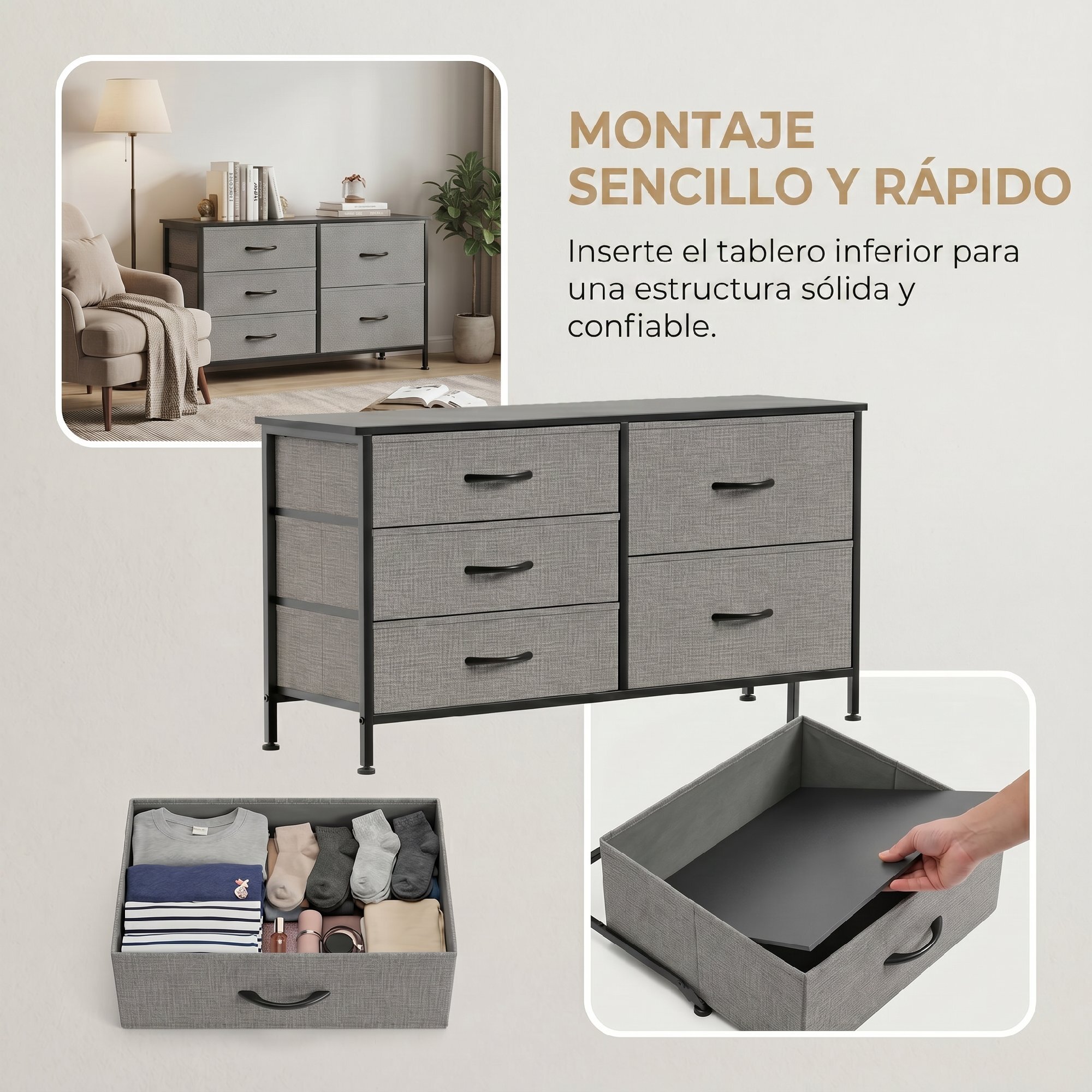 Cómoda con 5 Cajones de Tela, Cómoda para Dormitorio, Marco de Acero, Cajonera para Salón, Oficina, Vestidor, Negro y Gris Oscuro