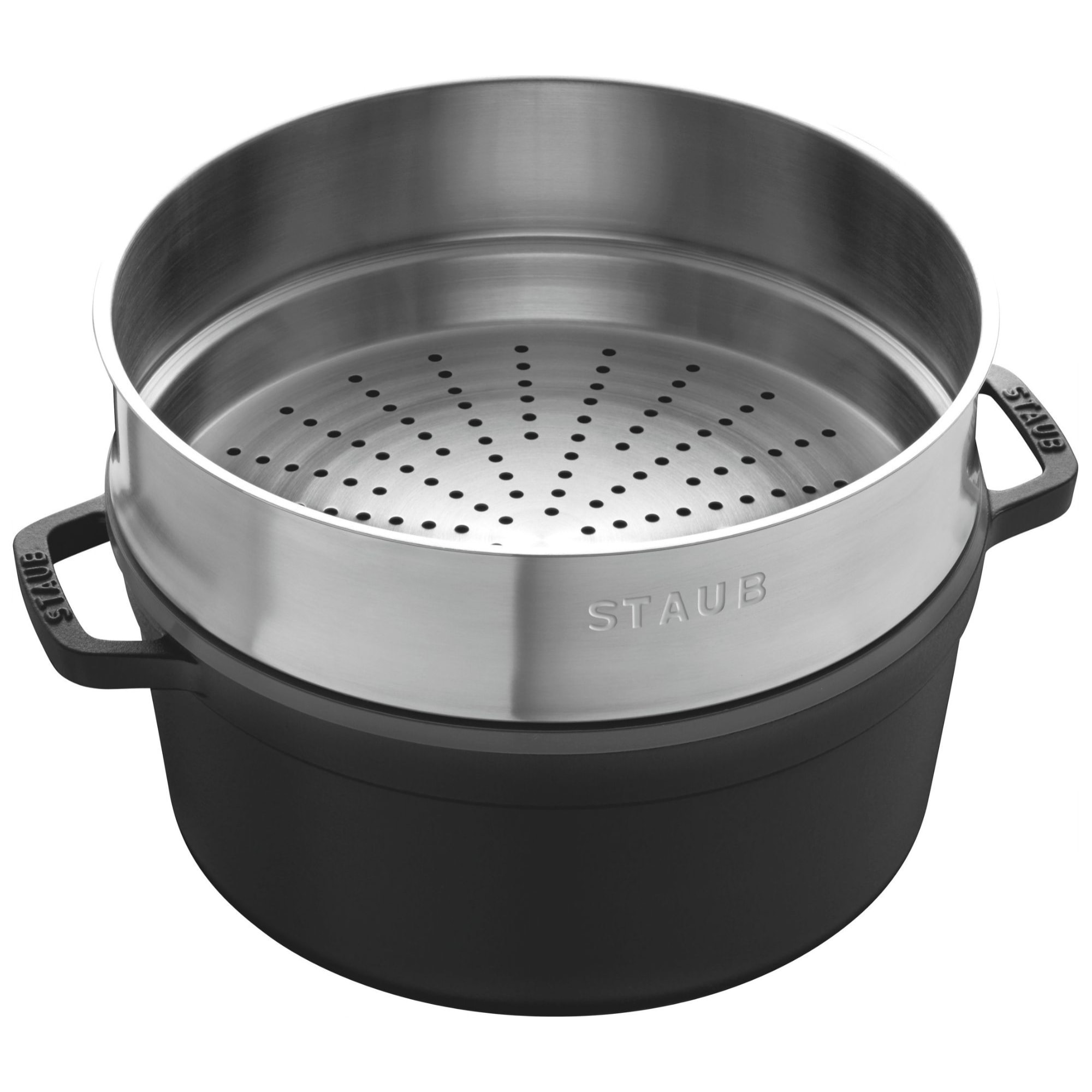 Cocotte avec panier vapeur 24 cm, Rond(e), Noir mat, Fonte