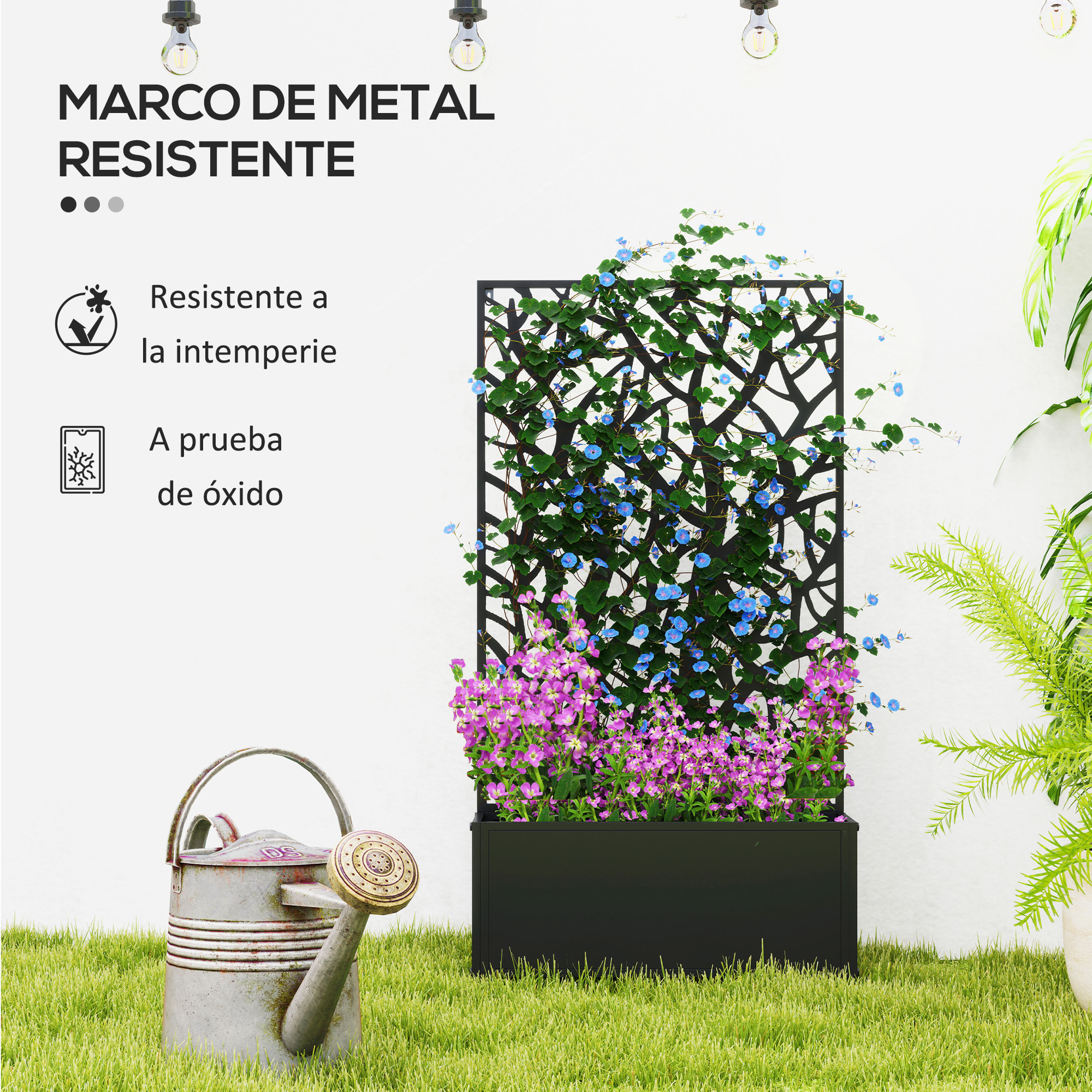 Jardinera Exterior Grande de Metal Jardinera con Pantalla de Privacidad de Hojas Decorativas Jardinera de Pared o Independiente para Patio Terraza 61x23x113 cm Negro