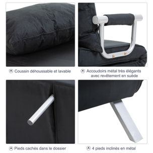 Fauteuil chauffeuse canapé-lit convertible 1 place déhoussable grand confort coussin pieds accoudoirs métal suède noir