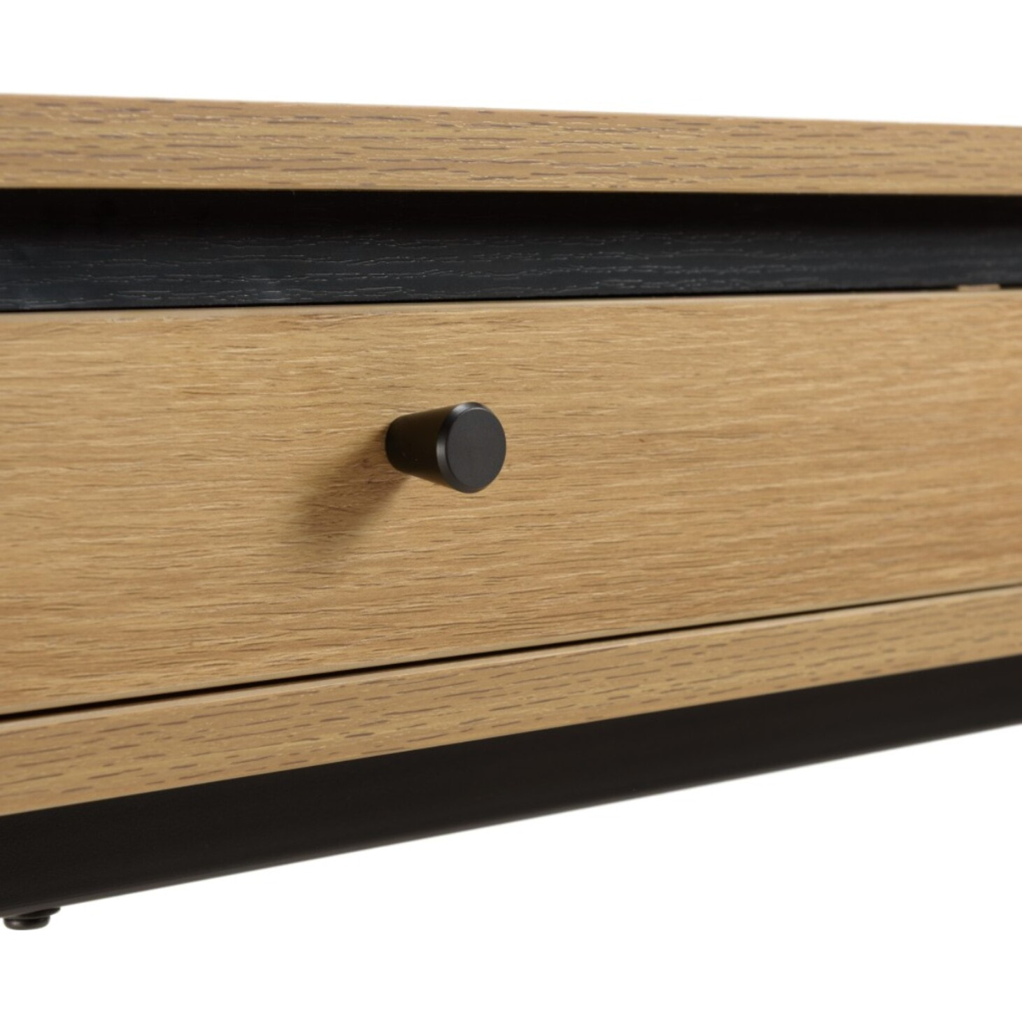 ETHAN - Console arrondie couleur naturelle 2 tiroirs pieds métal noir