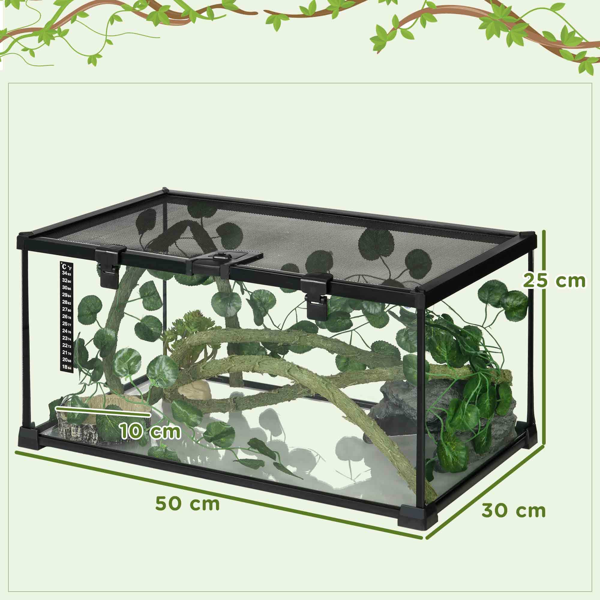 Terrarium verre transparent - couvercle treillis métallique coulissant verrouillable, trappe, distributeur eau, thermomètre - noir